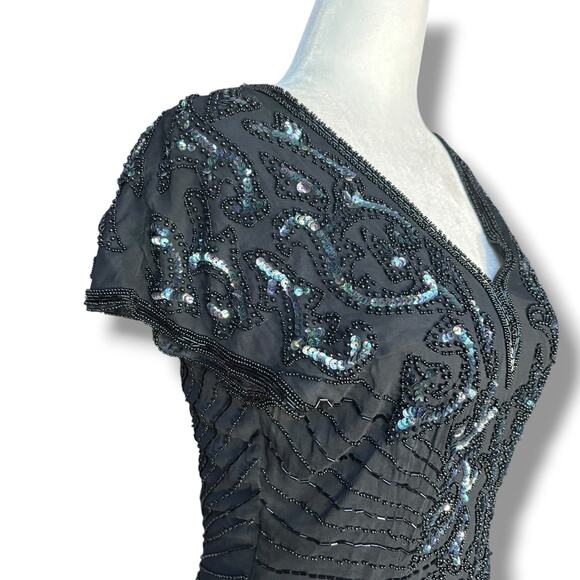 Vintage 80s Black Beaded Sequin Evening Gown Asymmetrical Hem Dress Column Maxi - Picture 3 of 10